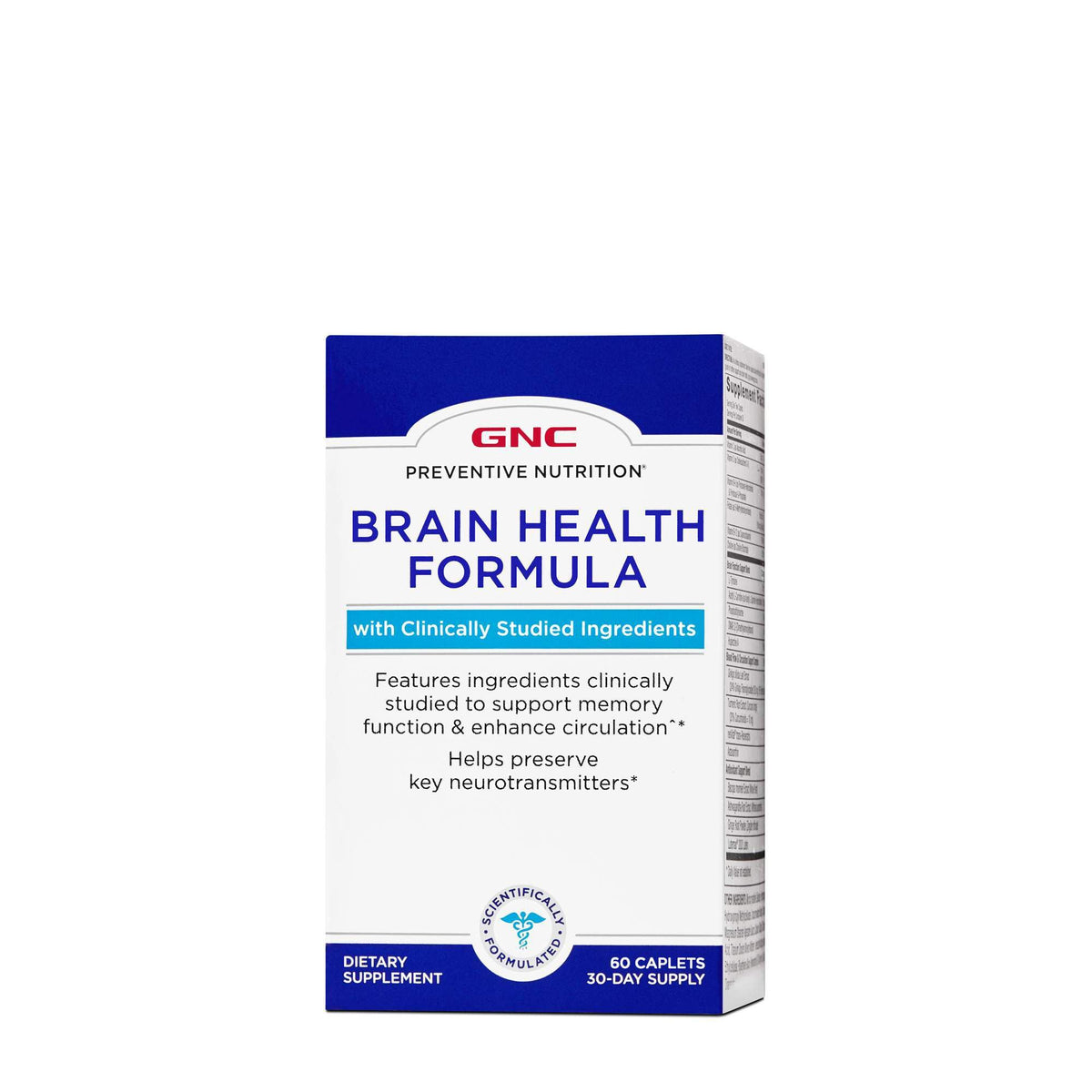 GNC Brain Health Formula bottle showing clinically studied ingredients for memory support.
