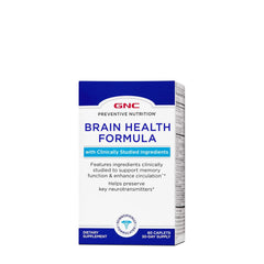 GNC Brain Health Formula bottle showing clinically studied ingredients for memory support.