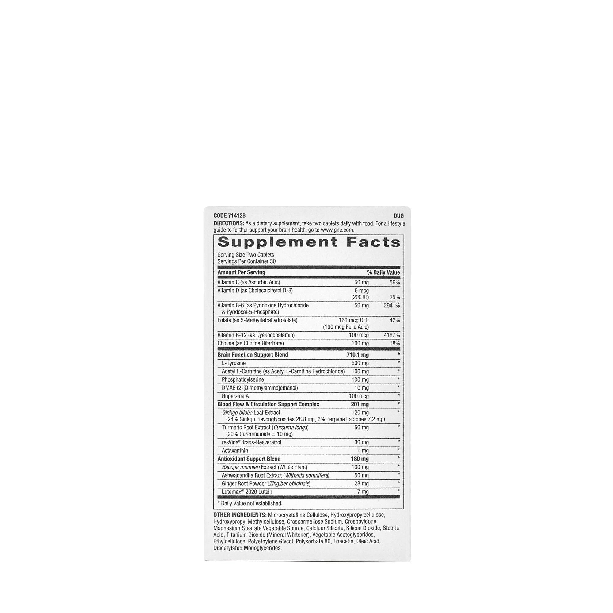 GNC Brain Health memory function tablets illustrating focus and cognitive clarity.