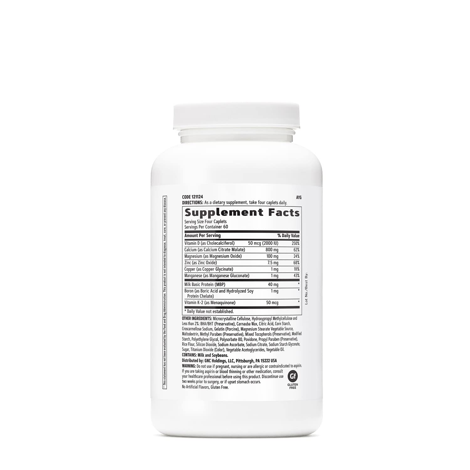 GNC Calcium Complete 800mg bottle label close-up showing D-3, K-2 and MBP