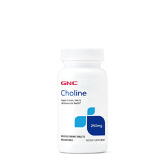 GNC Choline 250mg bottle label highlights packaging and daily cognitive wellness support.