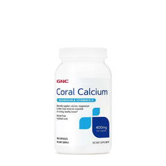 GNC Coral Calcium 400mg bottle showing calcium magnesium and vitamin D-3 blend for bone support