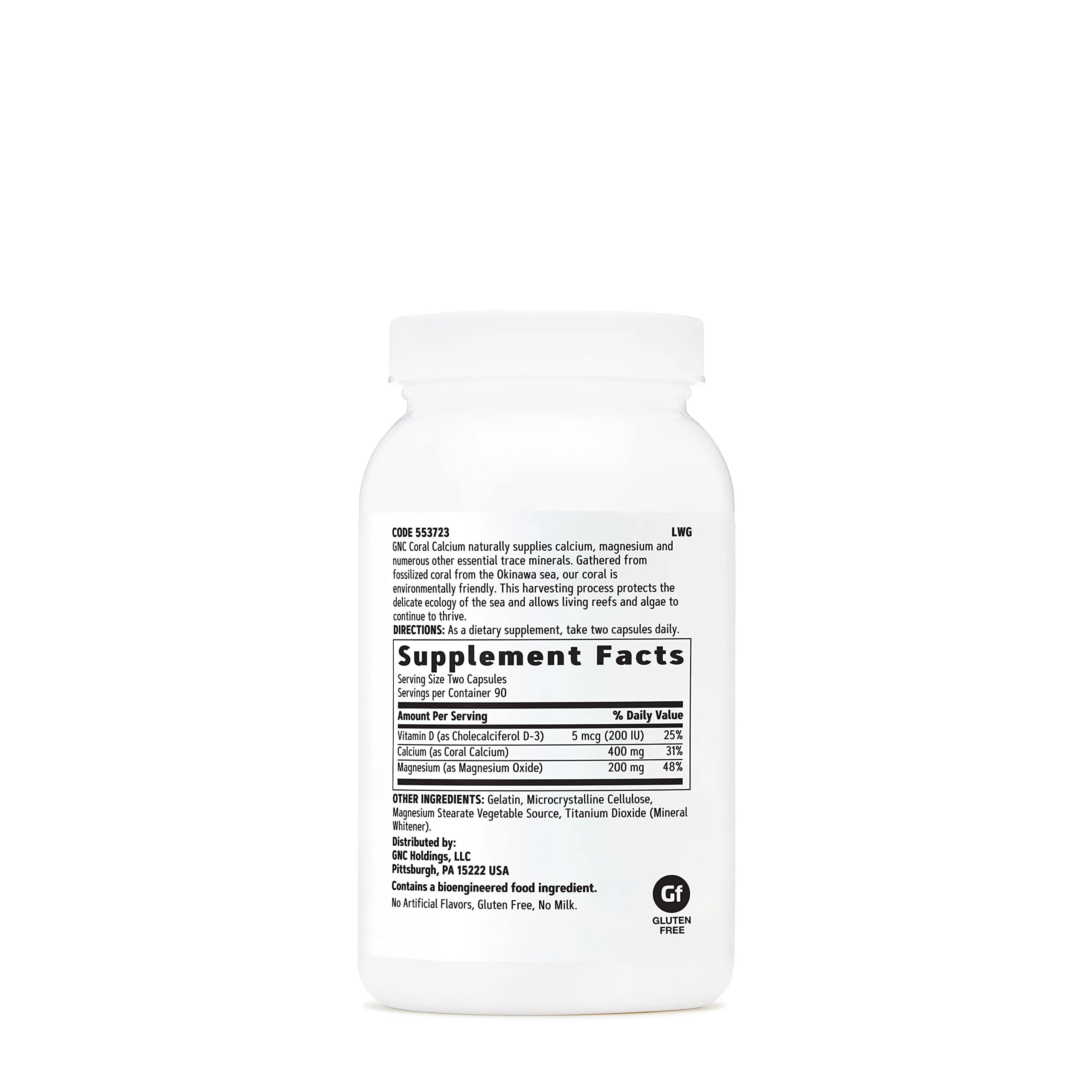 GNC Coral Calcium 400mg capsules close-up emphasizing daily mineral intake