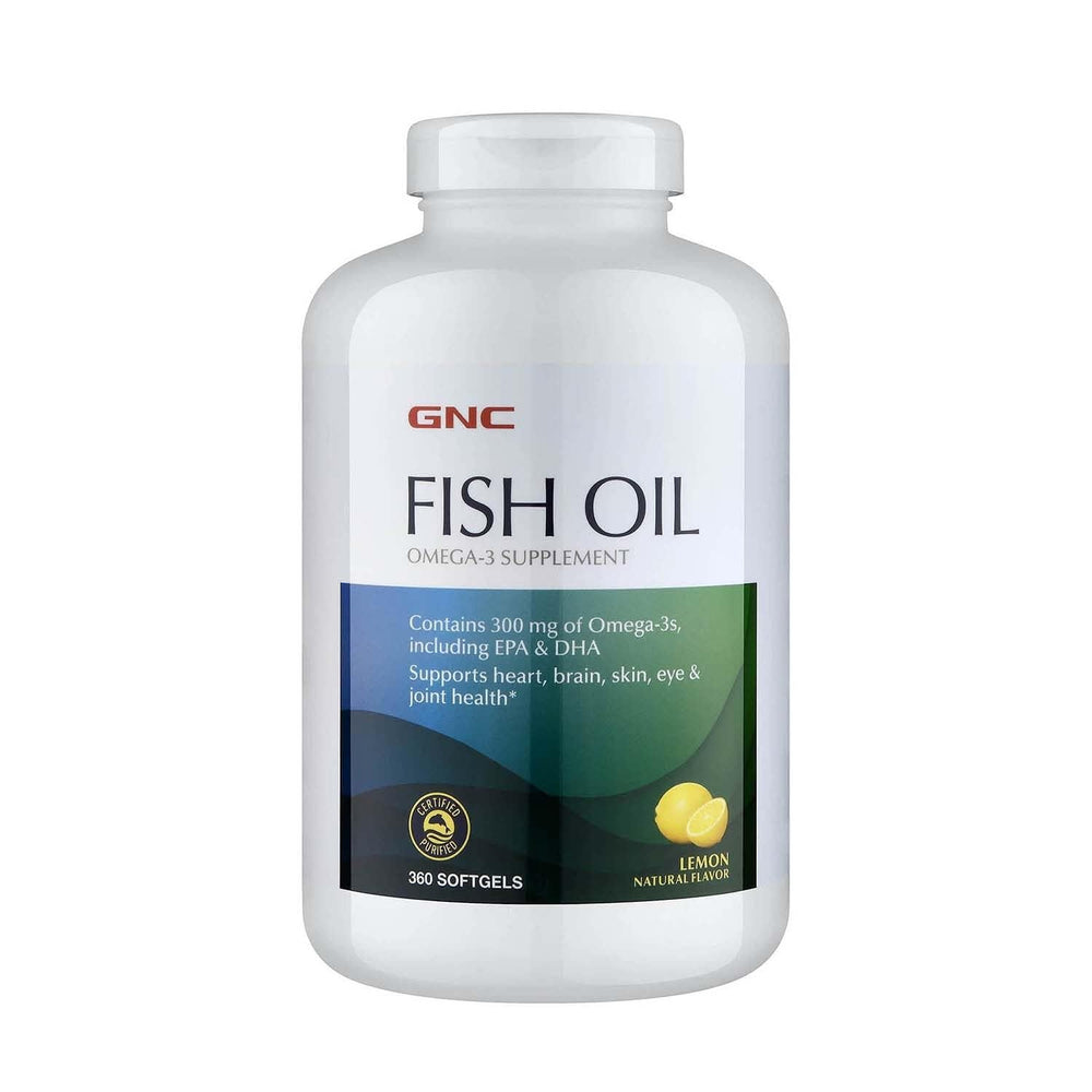 GNC Fish Oil lemon bottle view for easy daily omega-3 intake.