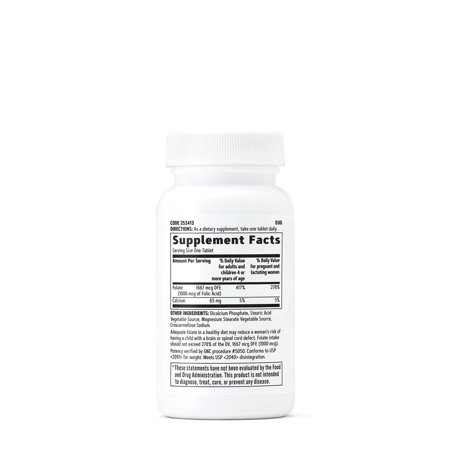 GNC Folic Acid 1000mcg bottle label with dosage information for daily folate