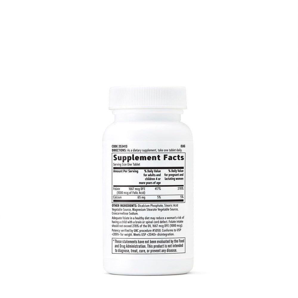 GNC Folic Acid 1000mcg bottle label with dosage information for daily folate