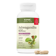 GNC Herbal Plus Ashwagandha 600mg bottle showing clinical strength formula for stress support.