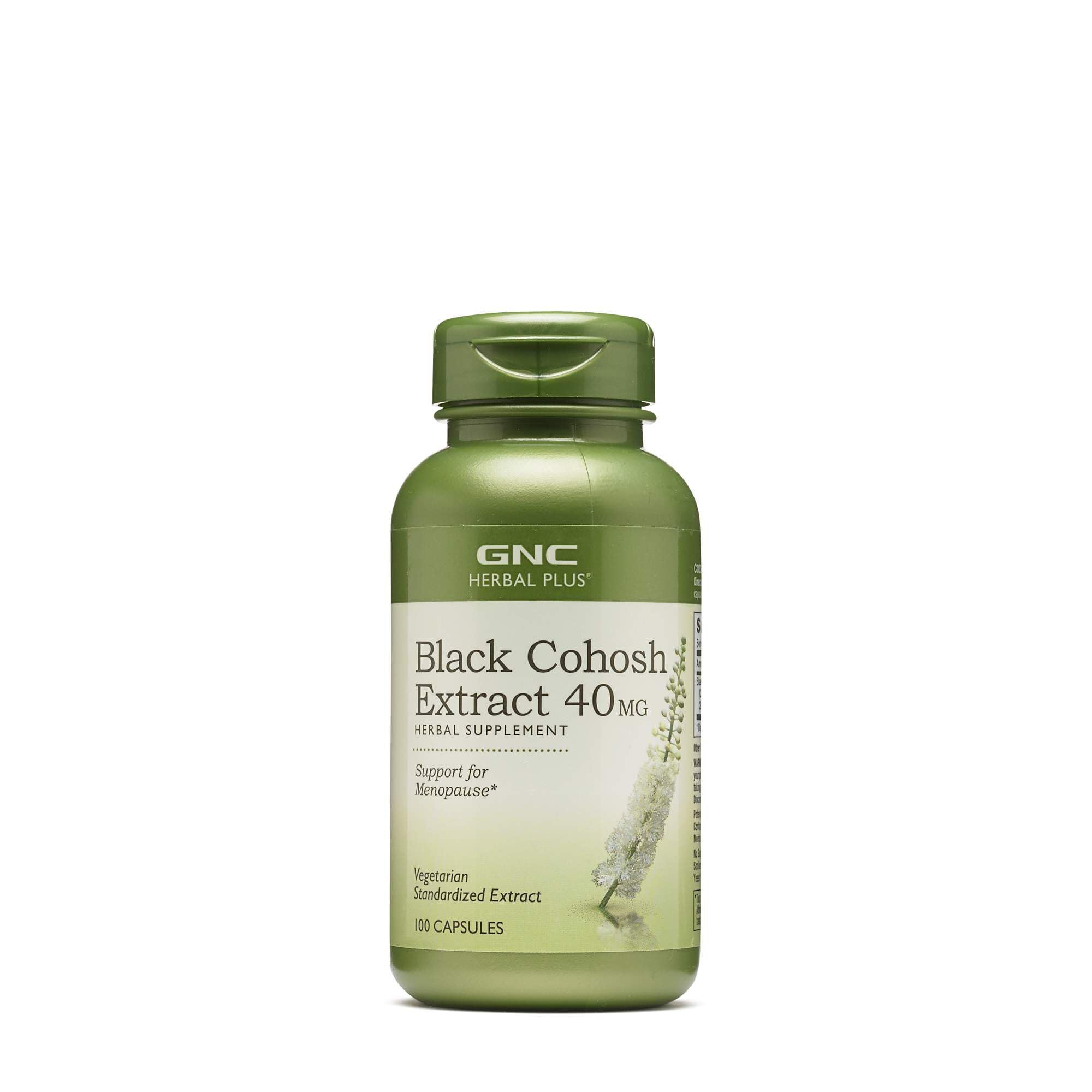 GNC Herbal Plus Black Cohosh bottle label showing 40 mg extract for menopause support.