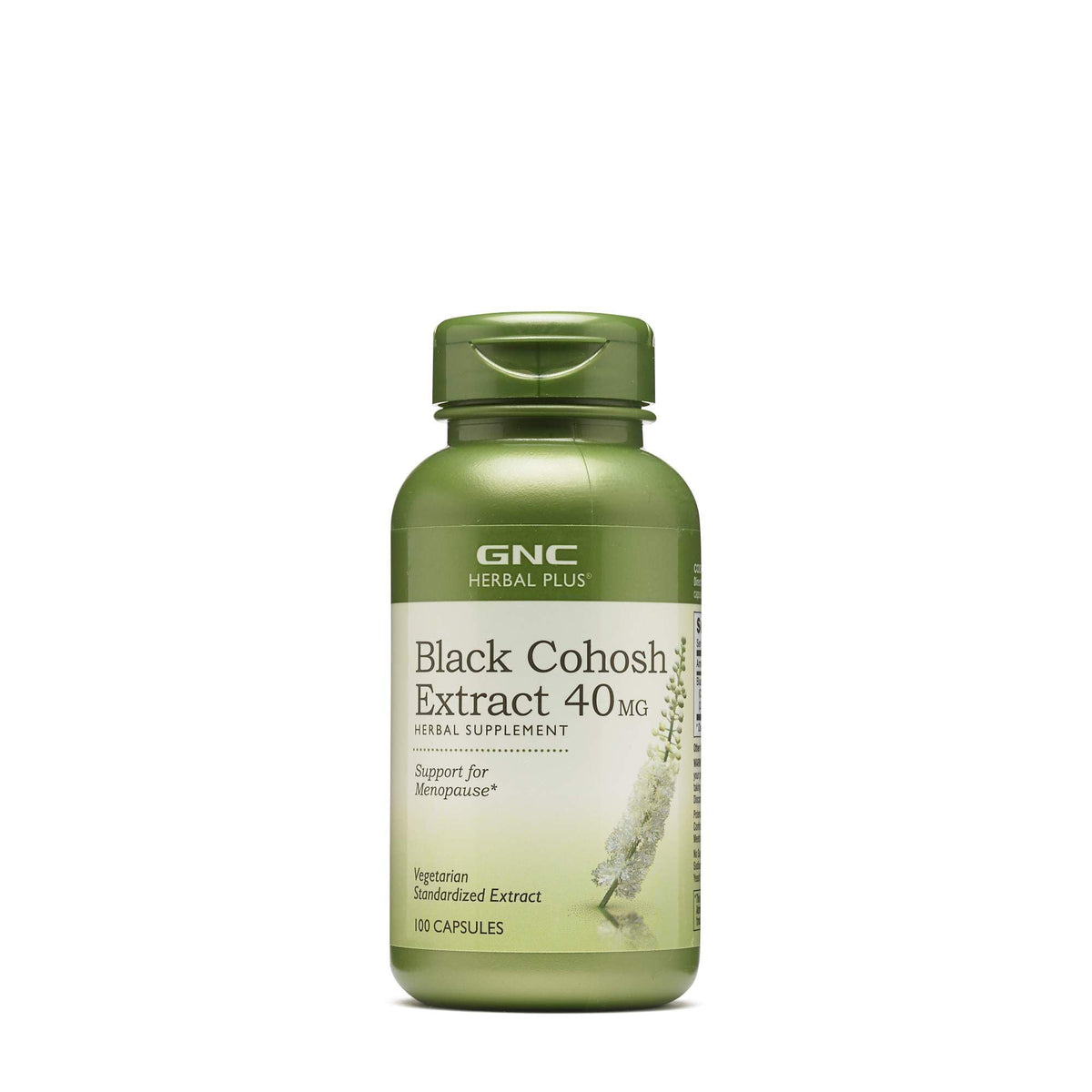 GNC Herbal Plus Black Cohosh bottle label showing 40 mg extract for menopause support.