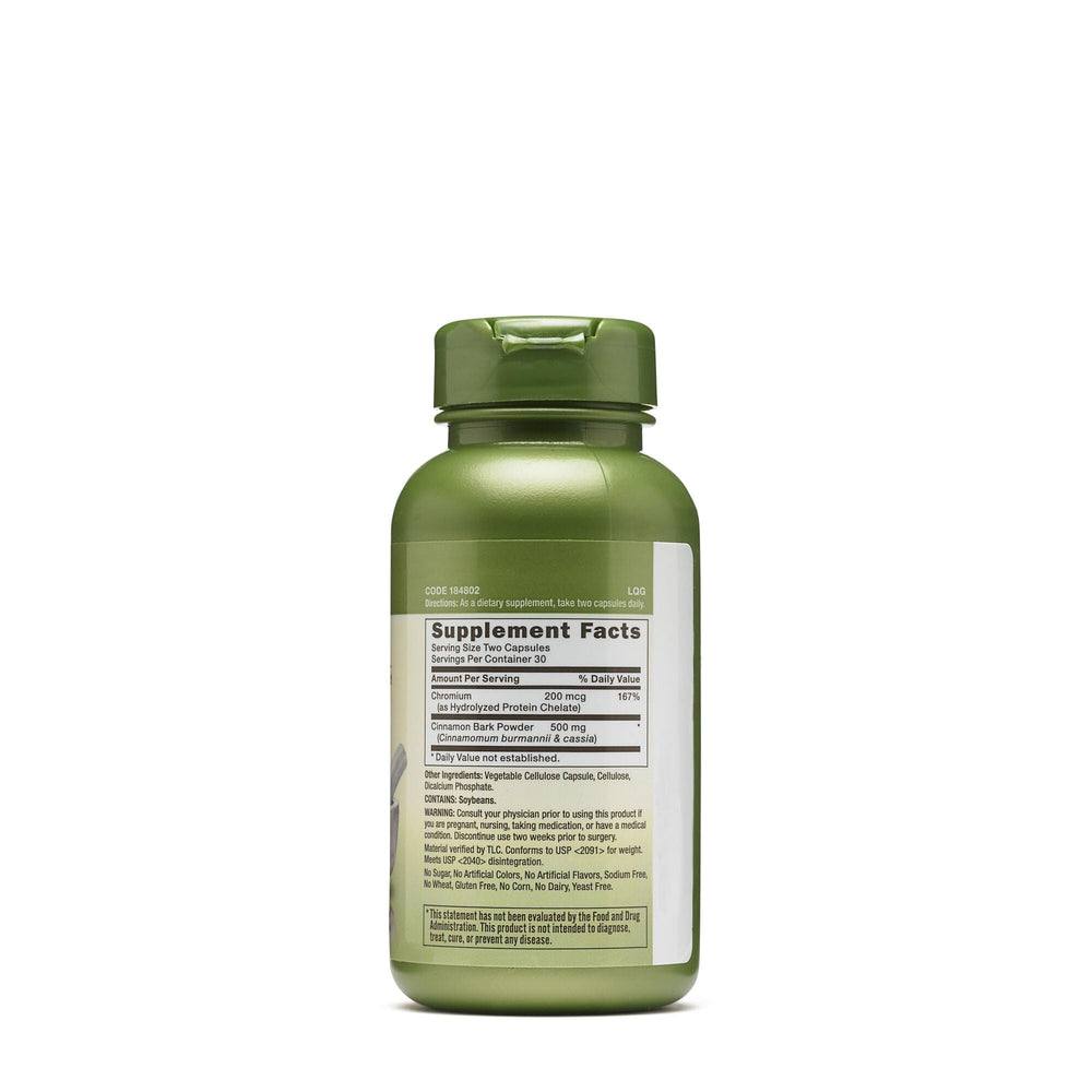 GNC Herbal Plus cinnamon-bark-ingredients-label highlighting chromium for metabolic support.