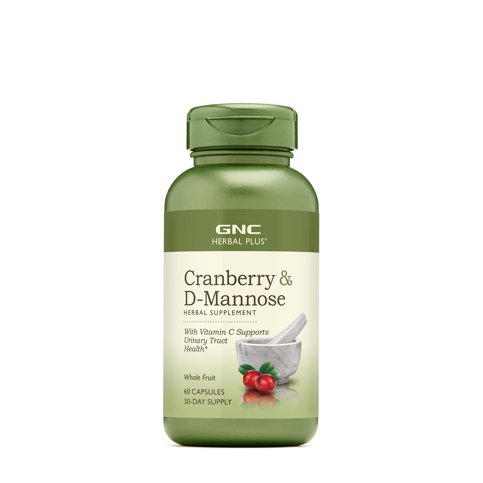 GNC Herbal Plus Cranberry D-Mannose bottle shows 60 capsules for daily urinary tract support.