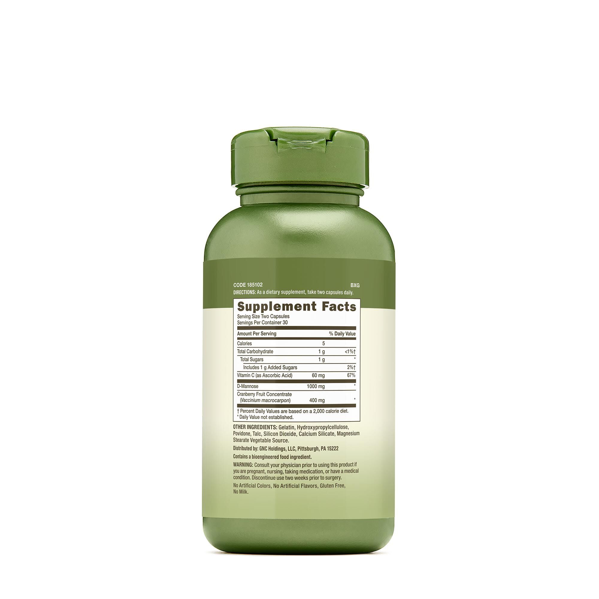 GNC Herbal Plus Cranberry D-Mannose label emphasizes cranberry powder and vitamin C for antioxidant support.