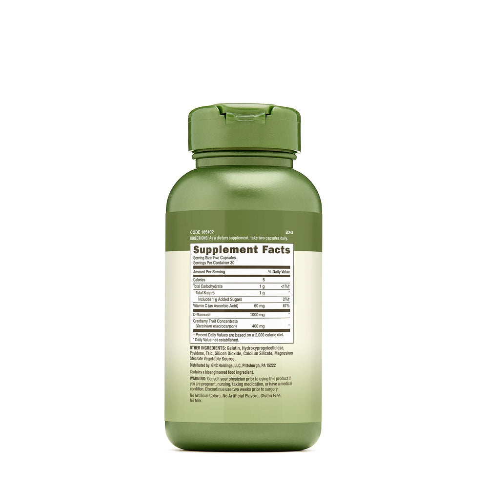 GNC Herbal Plus Cranberry D-Mannose label emphasizes cranberry powder and vitamin C for antioxidant support.