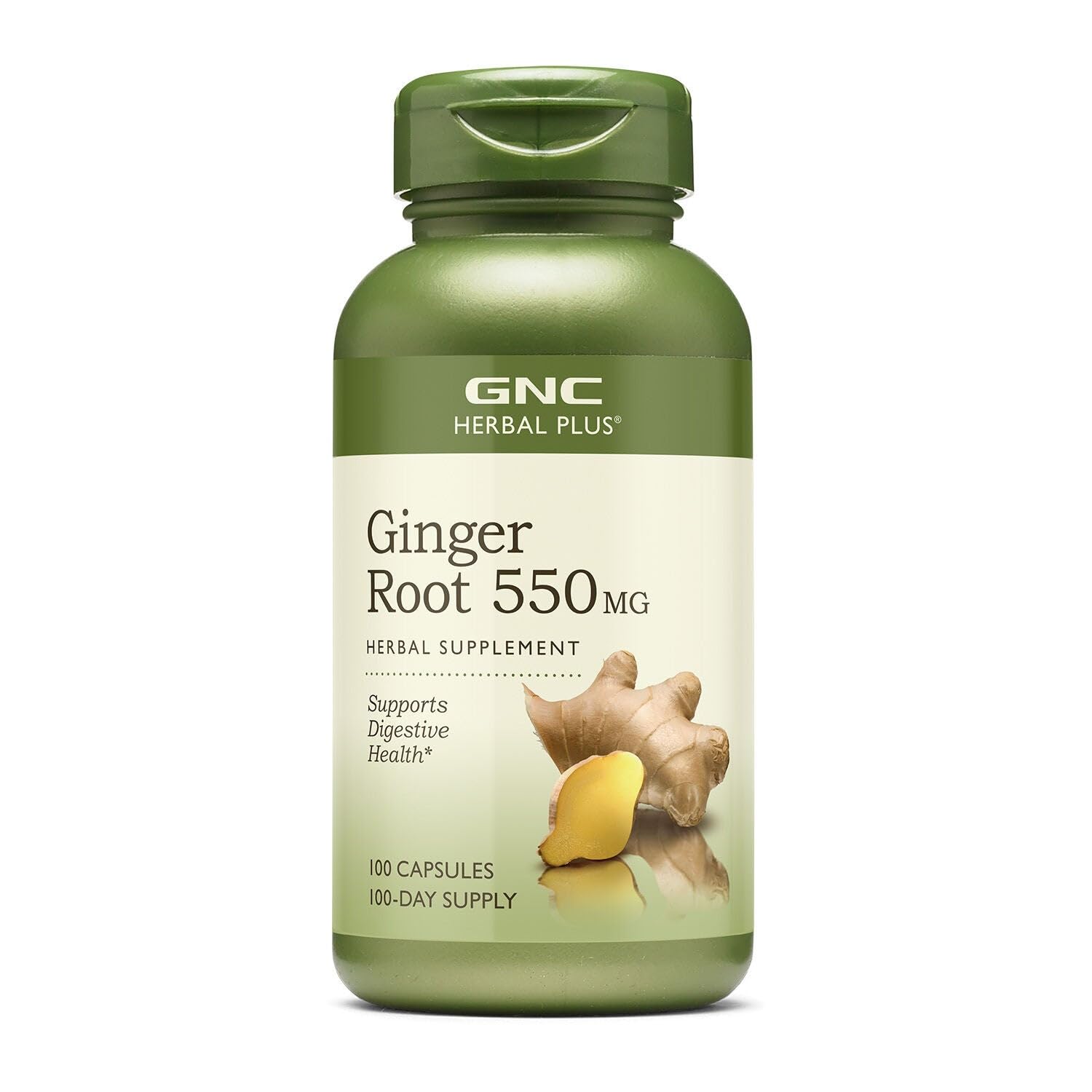 GNC Herbal Plus Ginger Root 550mg bottle showcases digestive wellness support.