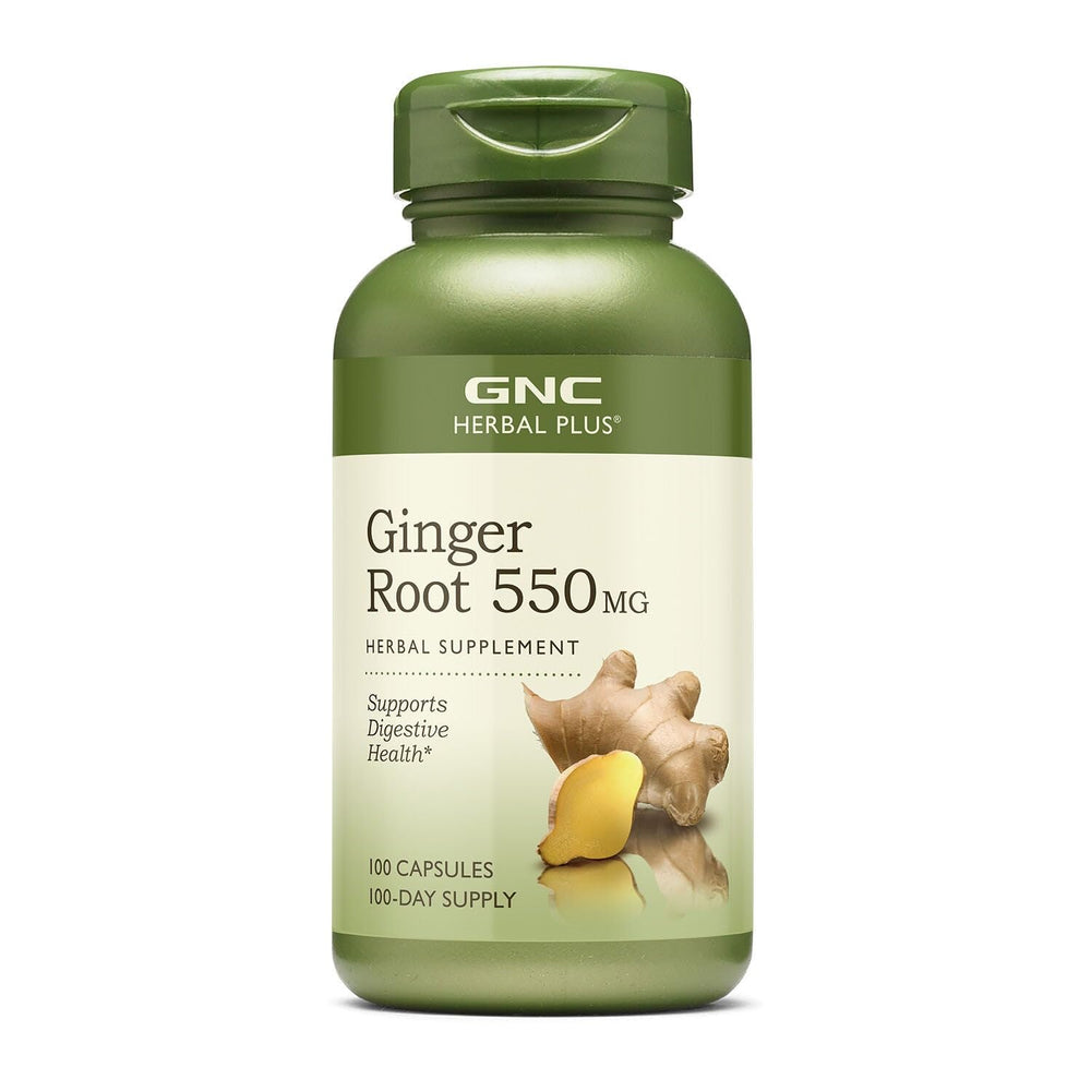 GNC Herbal Plus Ginger Root 550mg bottle showcases digestive wellness support.