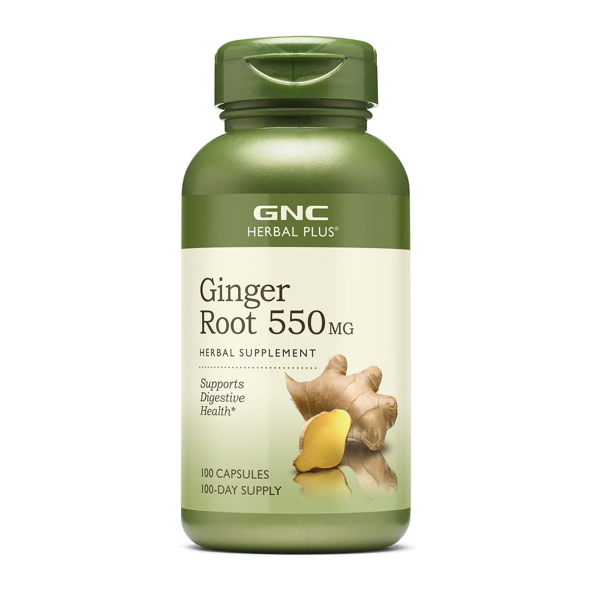 GNC Herbal Plus Ginger Root 550mg bottle showcases digestive wellness support.