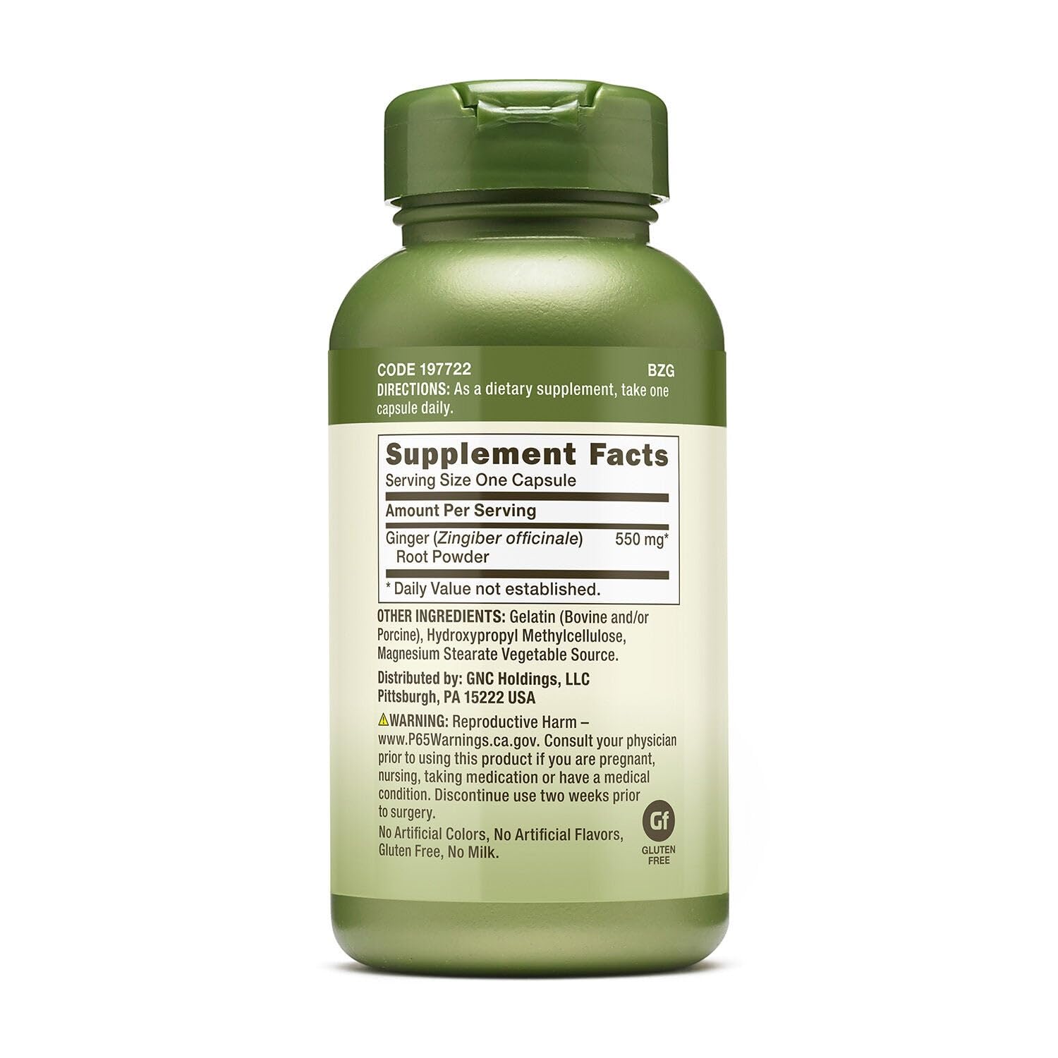 GNC Ginger Root label close-up emphasizes safe gluten-free formulation.