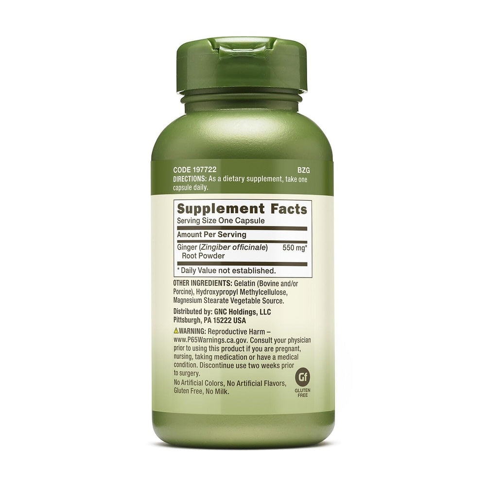 GNC Ginger Root label close-up emphasizes safe gluten-free formulation.