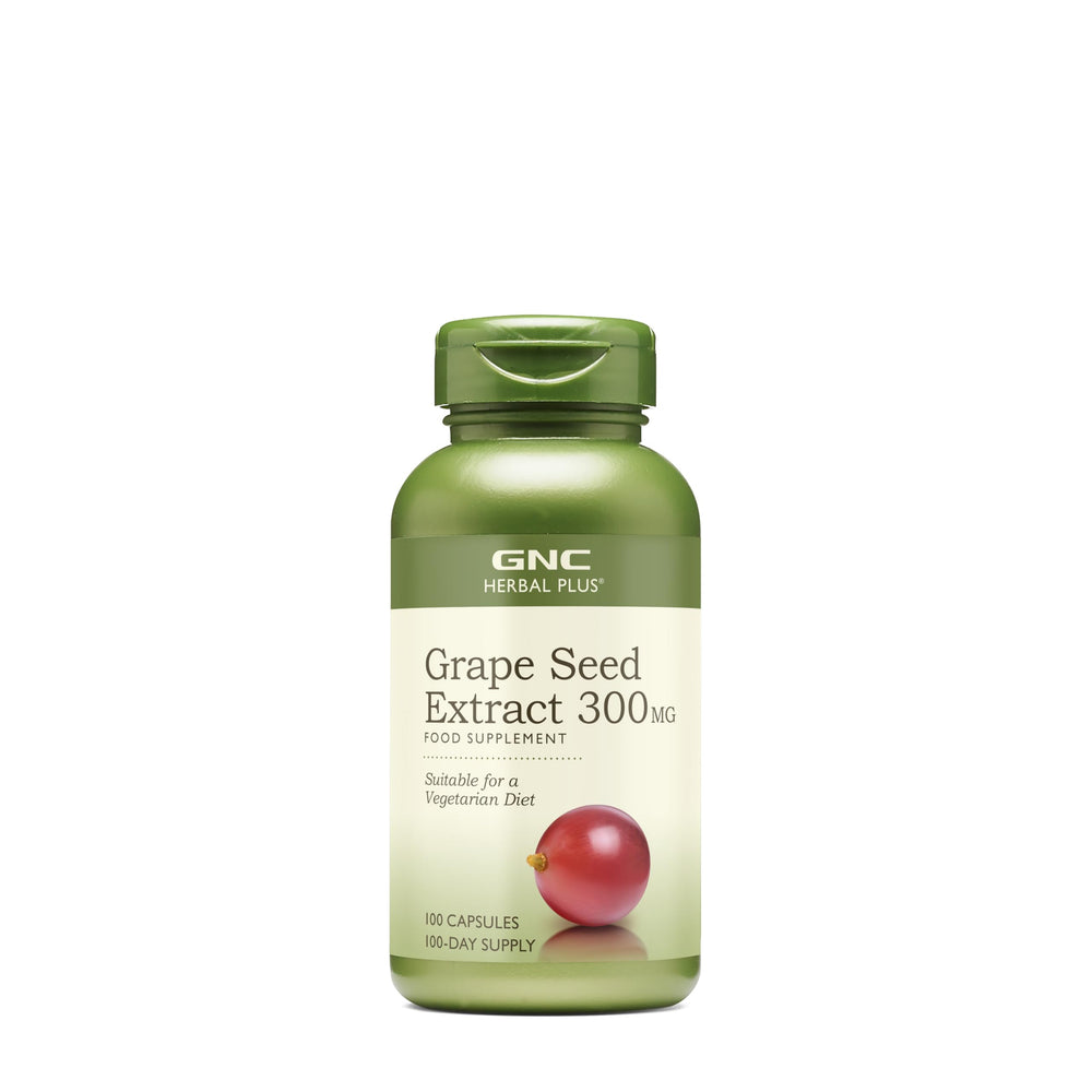 GNC Herbal Plus Grape Seed Extract bottle shows 300 mg antioxidant support.
