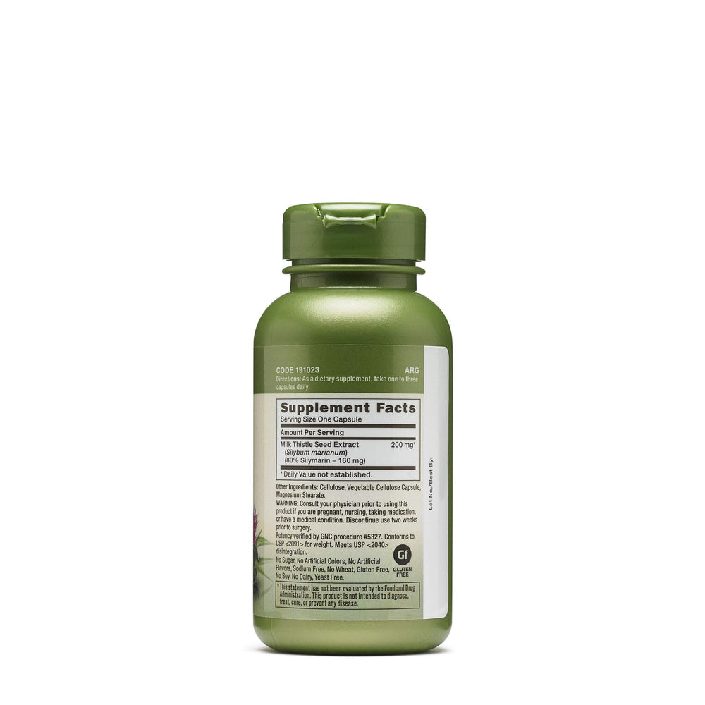 GNC Herbal Plus Milk Thistle capsules close-up for vegetarian liver health support.