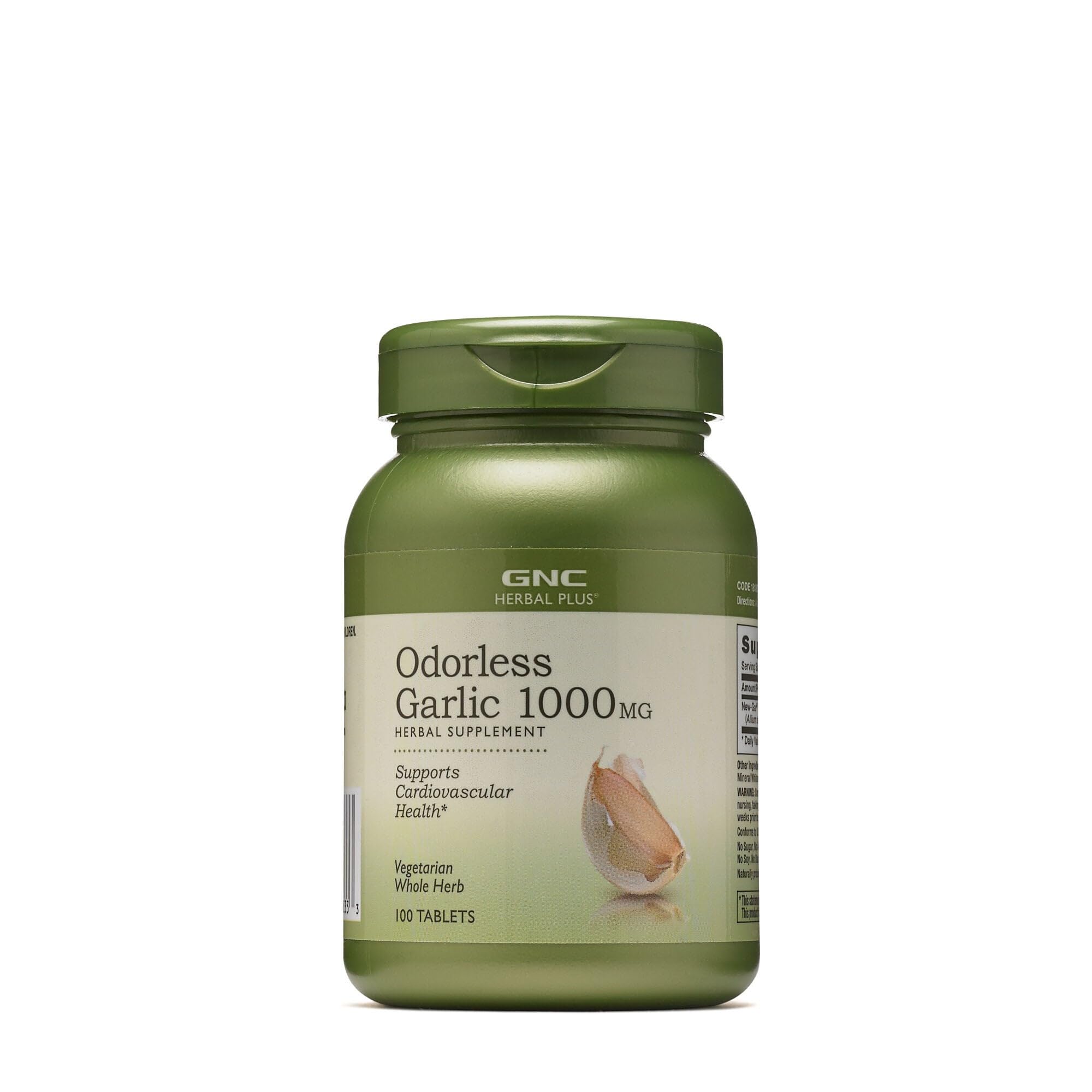GNC Herbal Plus odorless garlic bottle for daily cardiovascular wellness