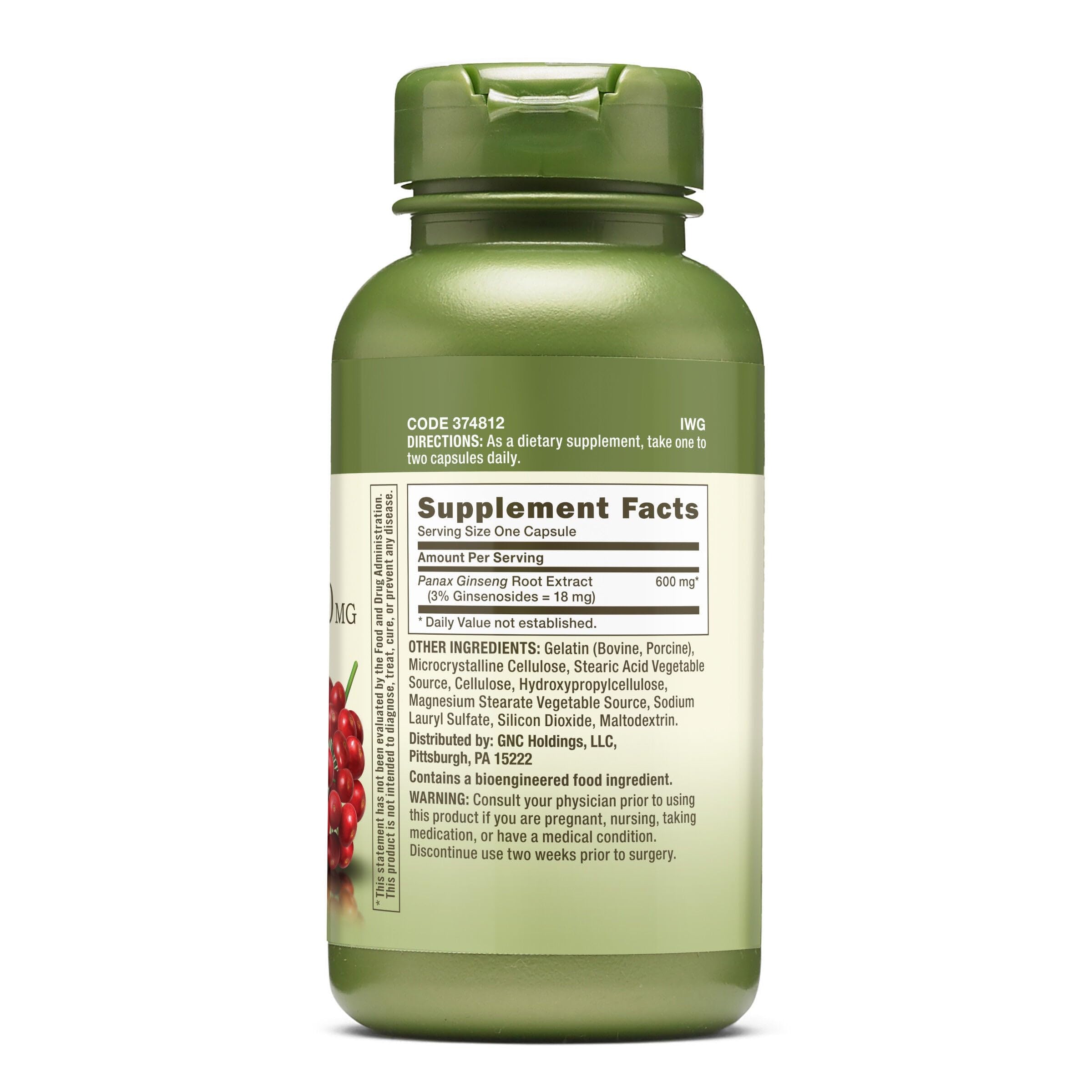 GNC Herbal Plus Panax Ginseng capsules, convenient daily use with potential focus and energy support.