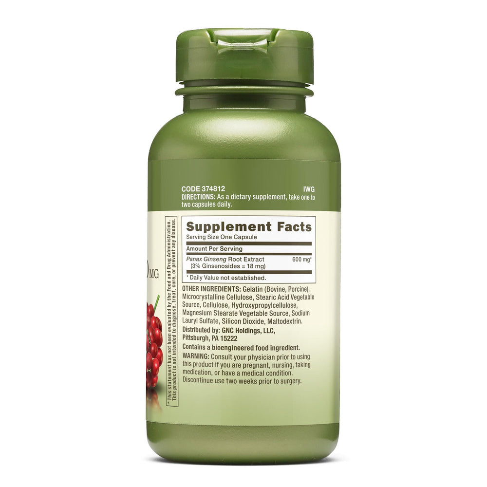 GNC Herbal Plus Panax Ginseng capsules, convenient daily use with potential focus and energy support.