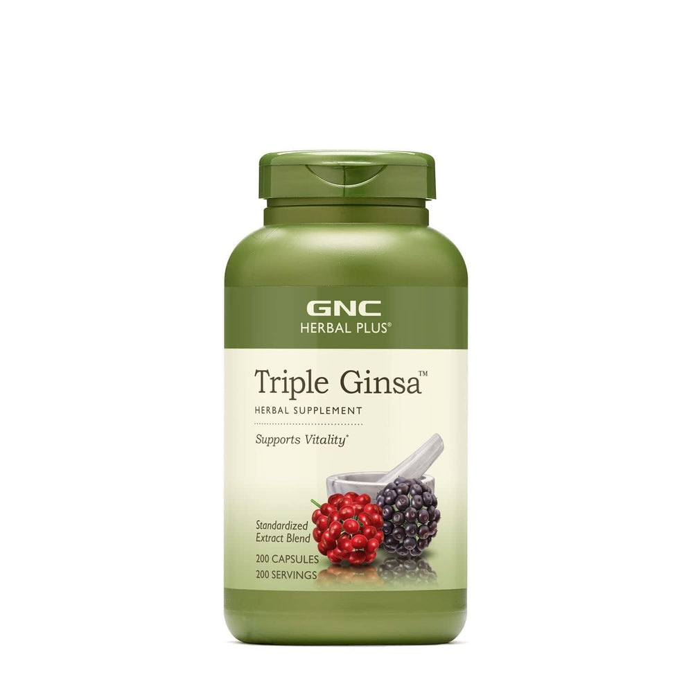 GNC Herbal Plus Triple Ginsa bottle label highlights the ginseng blend for vitality.