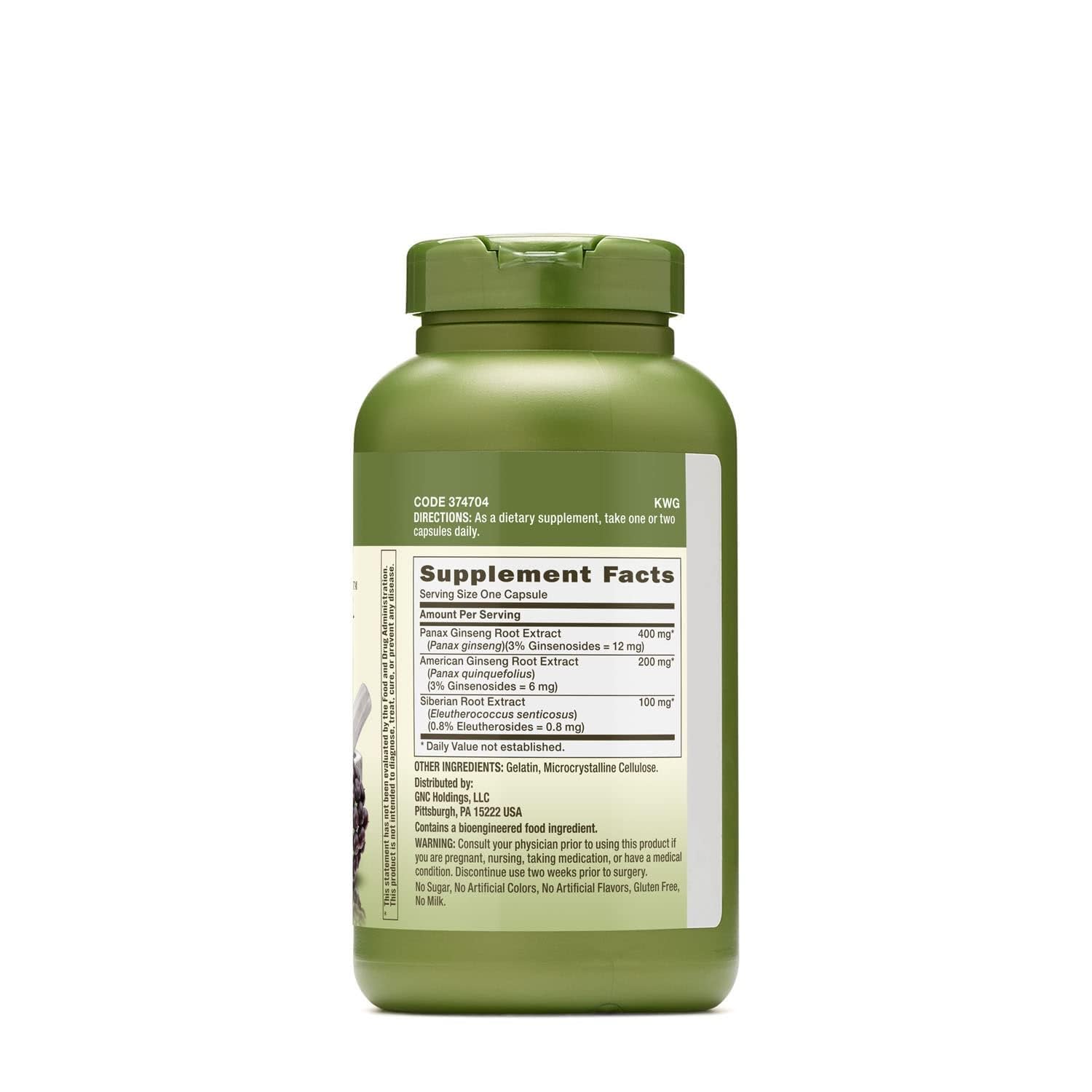 GNC Herbal Plus Triple Ginsa packaging closeup emphasizing gluten-free, no artificial ingredients.