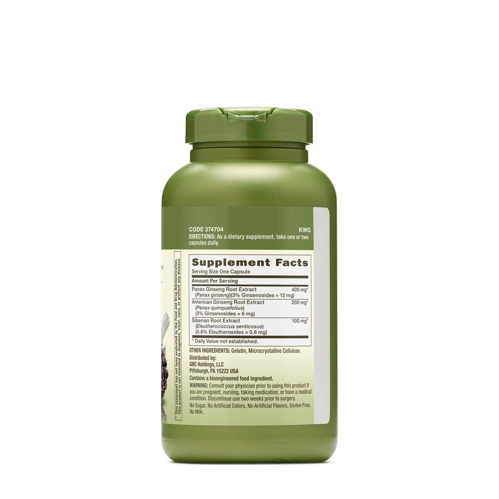 GNC Herbal Plus Triple Ginsa packaging closeup emphasizing gluten-free, no artificial ingredients.