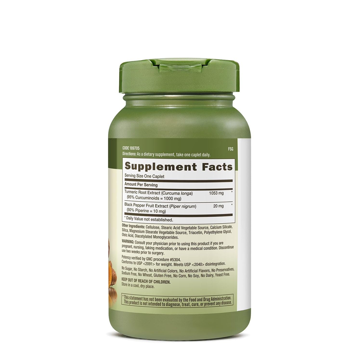 GNC Herbal Plus Turmeric Curcumin capsules closeup shows smooth texture for easy swallowing.
