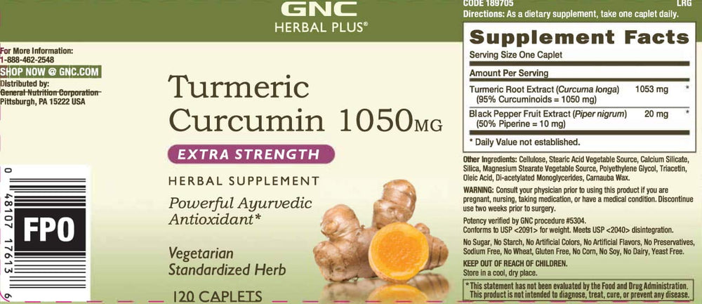 GNC Herbal Plus Turmeric Curcumin packaging emphasizes 120 servings for daily use.