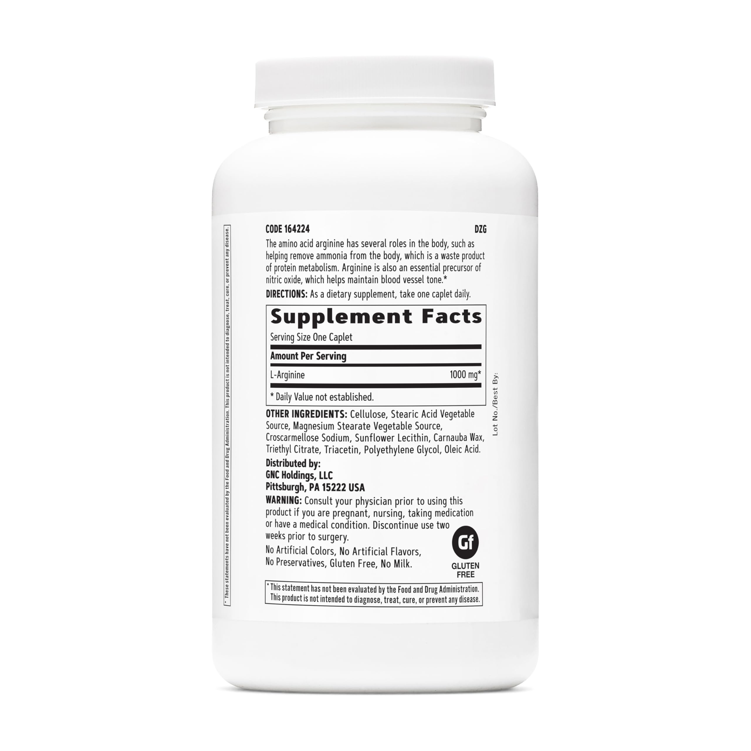 GNC L-Arginine caplet close-up emphasizes its easy-to-swallow form and potency.