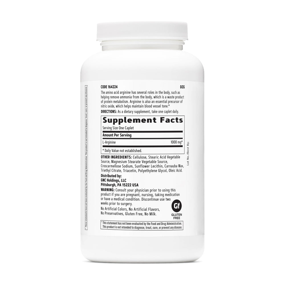 GNC L-Arginine caplet close-up emphasizes its easy-to-swallow form and potency.