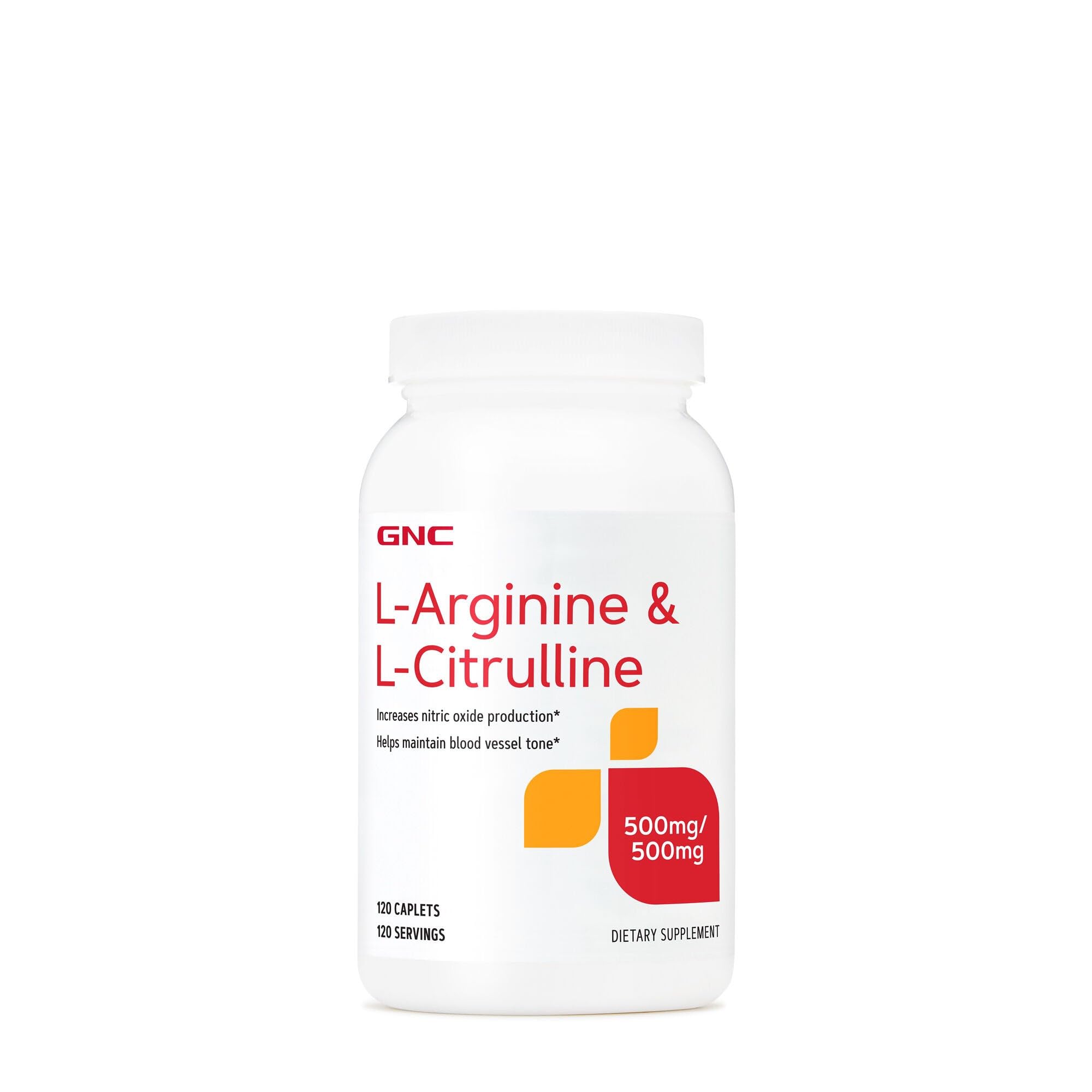 GNC L-Arginine + L-Citrulline caplets bottle for daily nitric oxide support