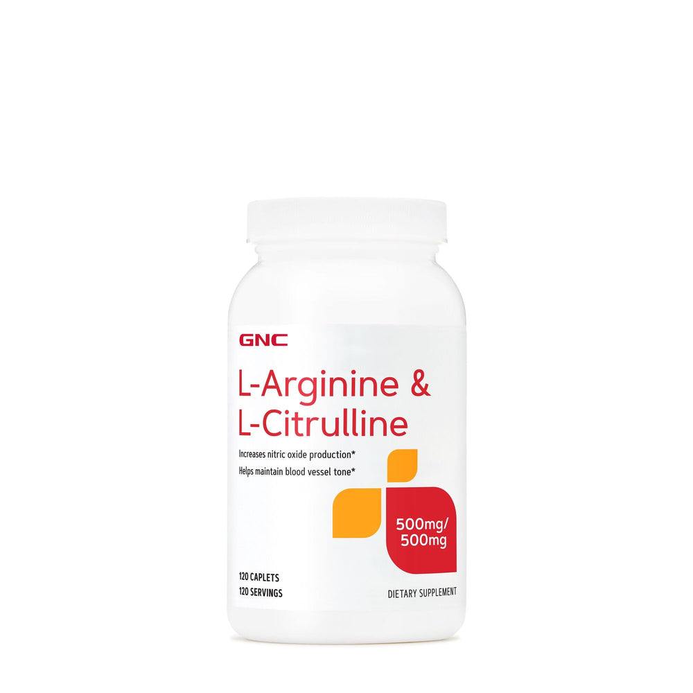 GNC L-Arginine + L-Citrulline caplets bottle for daily nitric oxide support