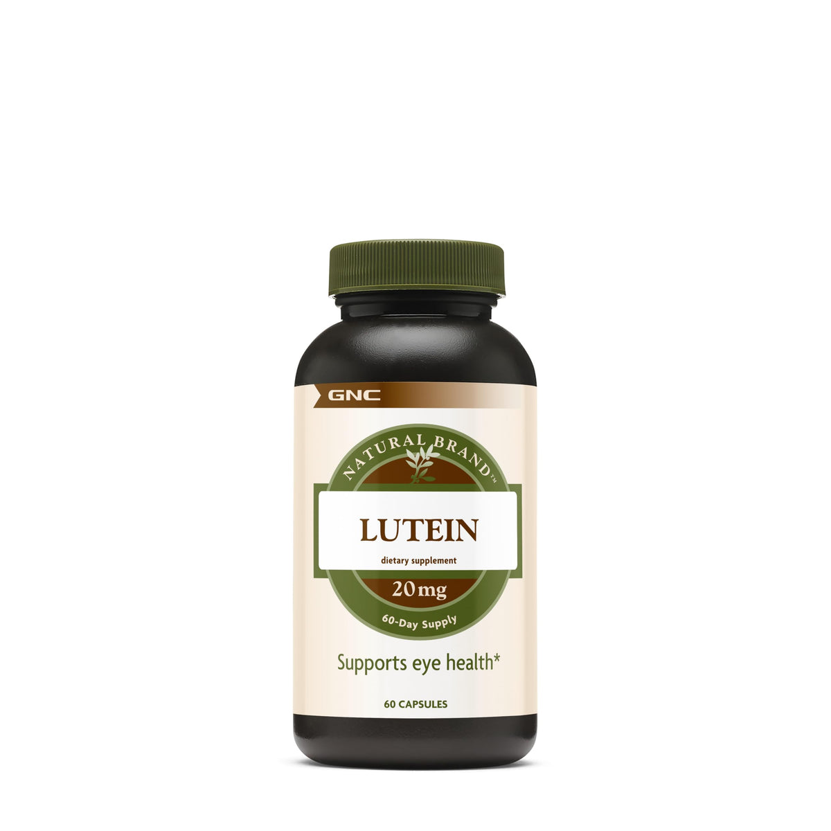 GNC Lutein 20mg bottle with capsules for daily eye support