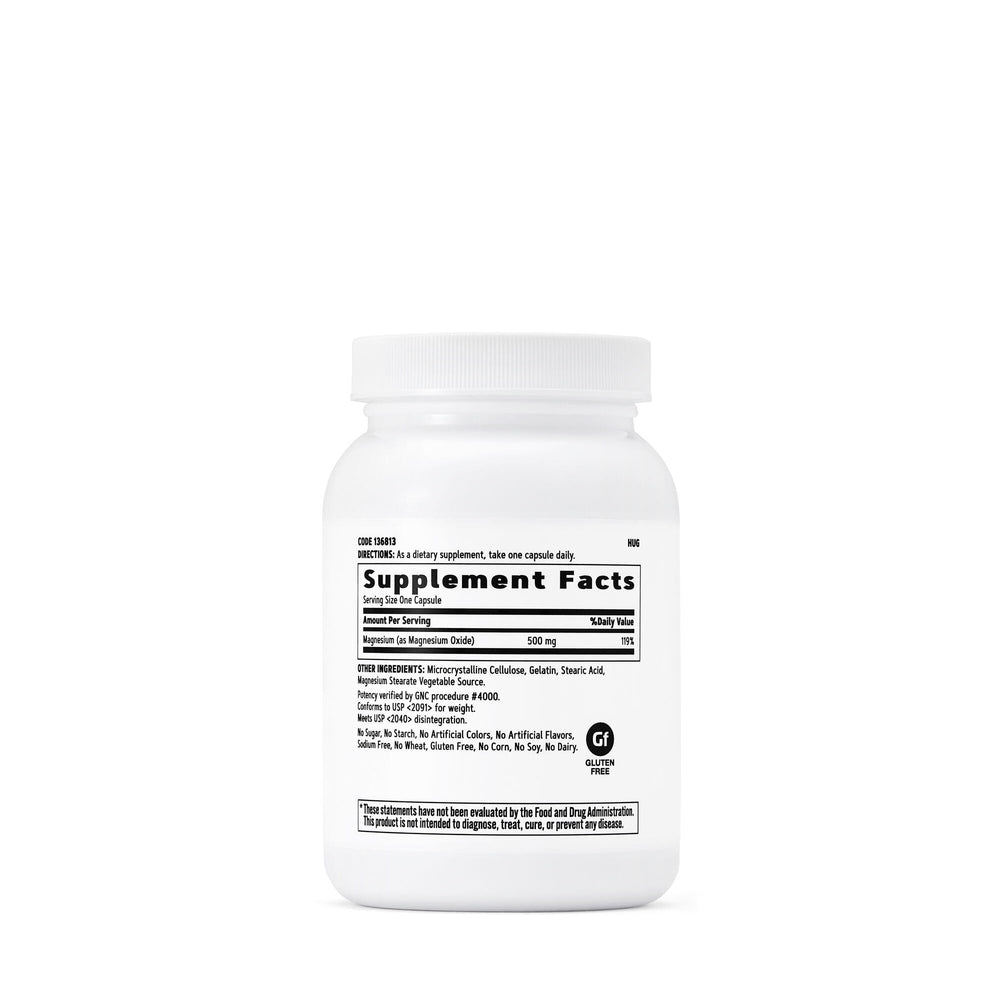 GNC Magnesium 500mg capsules close up highlights easy daily use.