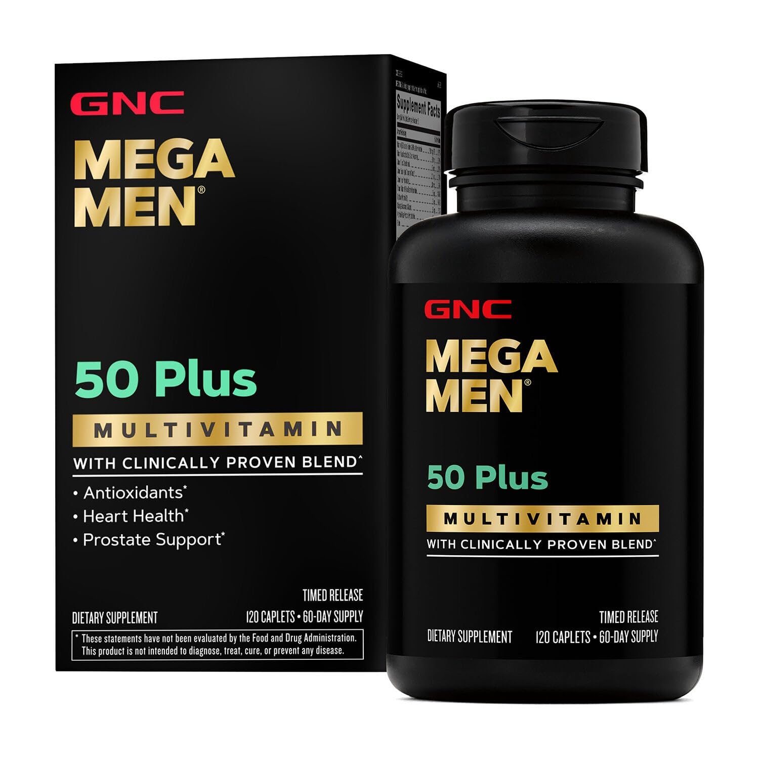 GNC Mega Men 50 Plus bottle front view highlighting antioxidant rich formula
