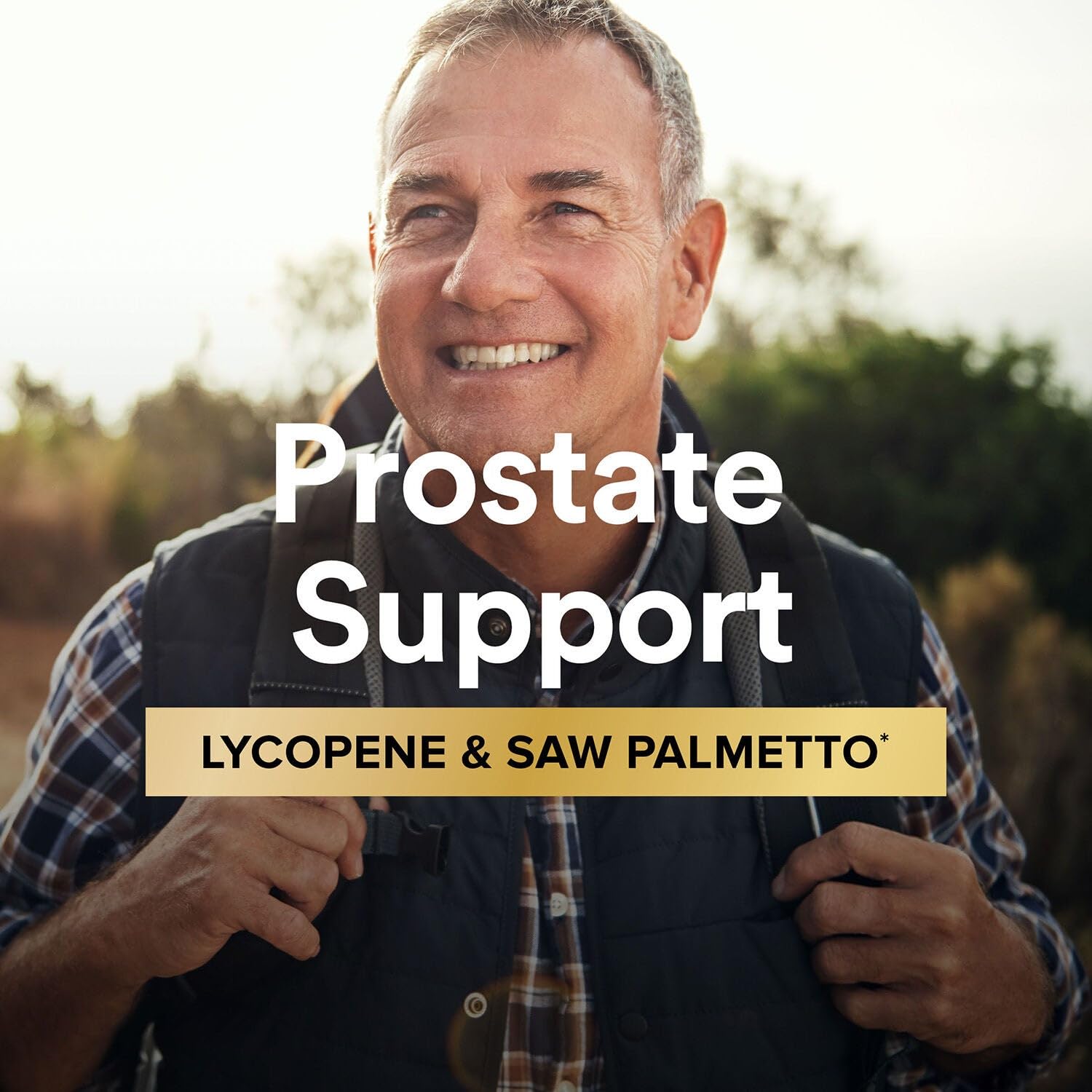 GNC Mega Men 50 Plus bottle with glasses for mature audience