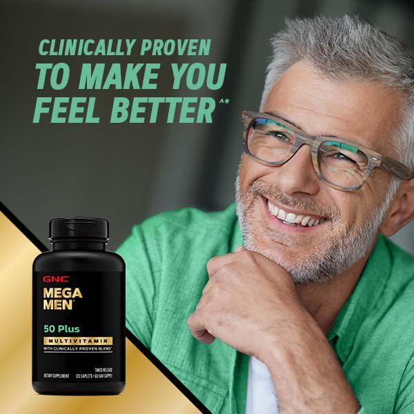 GNC Mega Men 50 Plus vitamin capsule on dark background