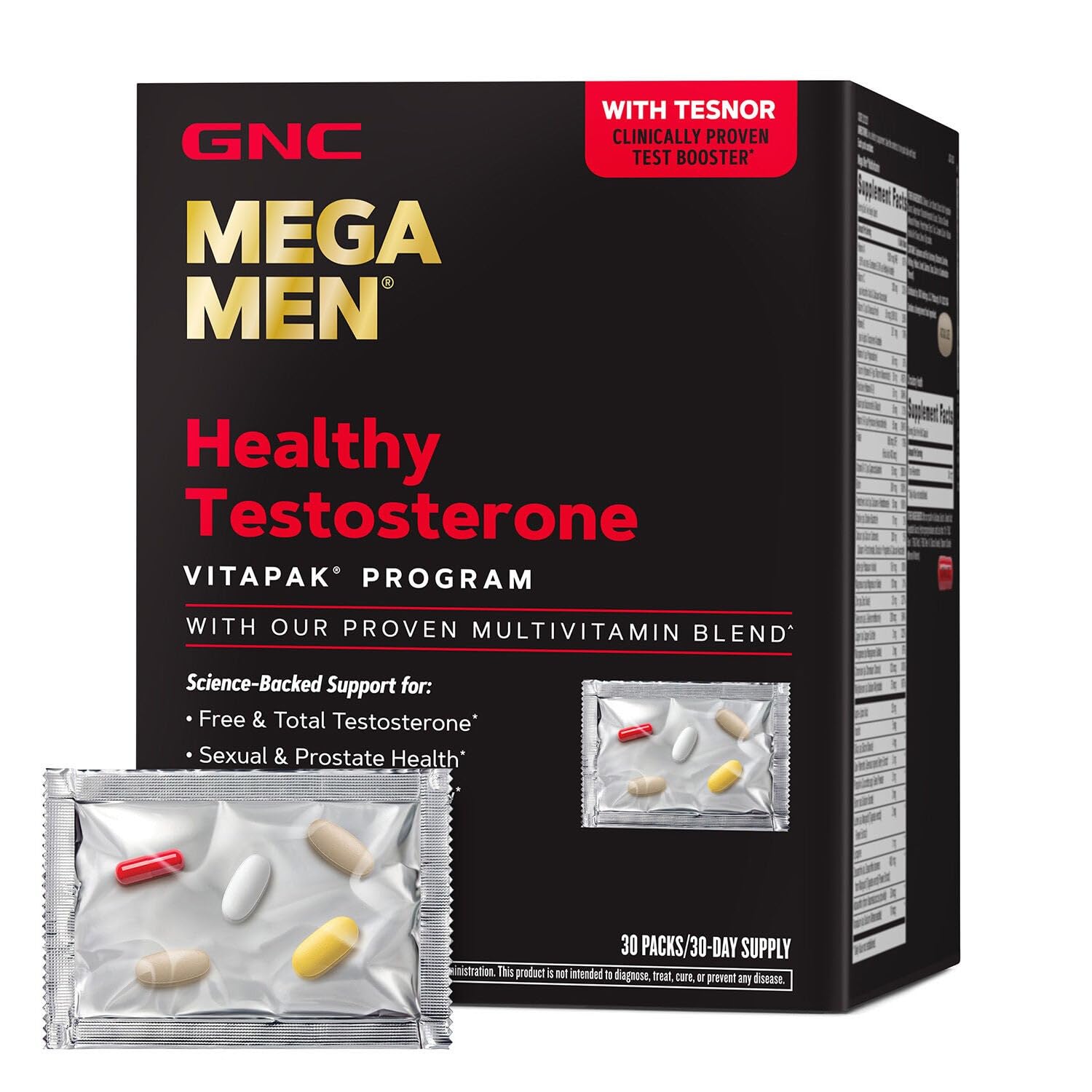 GNC Mega Men bottle closeup highlighting testosterone support and vitality