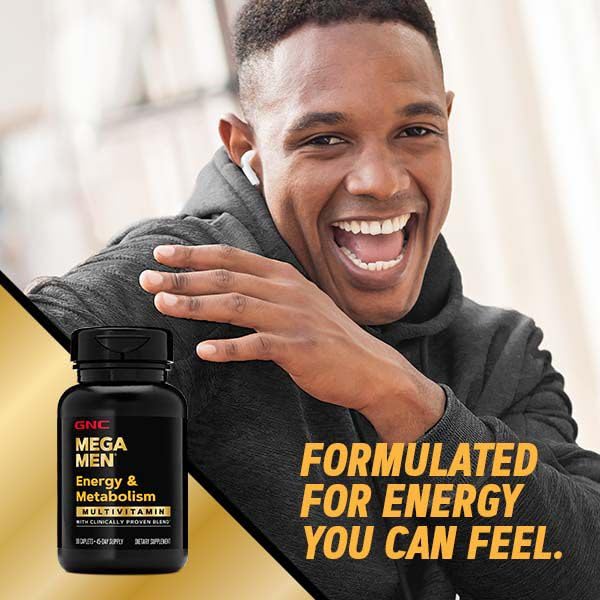 GNC Mega Men Energy bottle with ingredients panel, clear nutrient overview