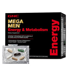 GNC Mega Men Vitapak packet showing all-in-one daily energy and metabolism support.