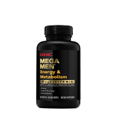 GNC Mega Men Energy pills closeup, compact tablets for daily use