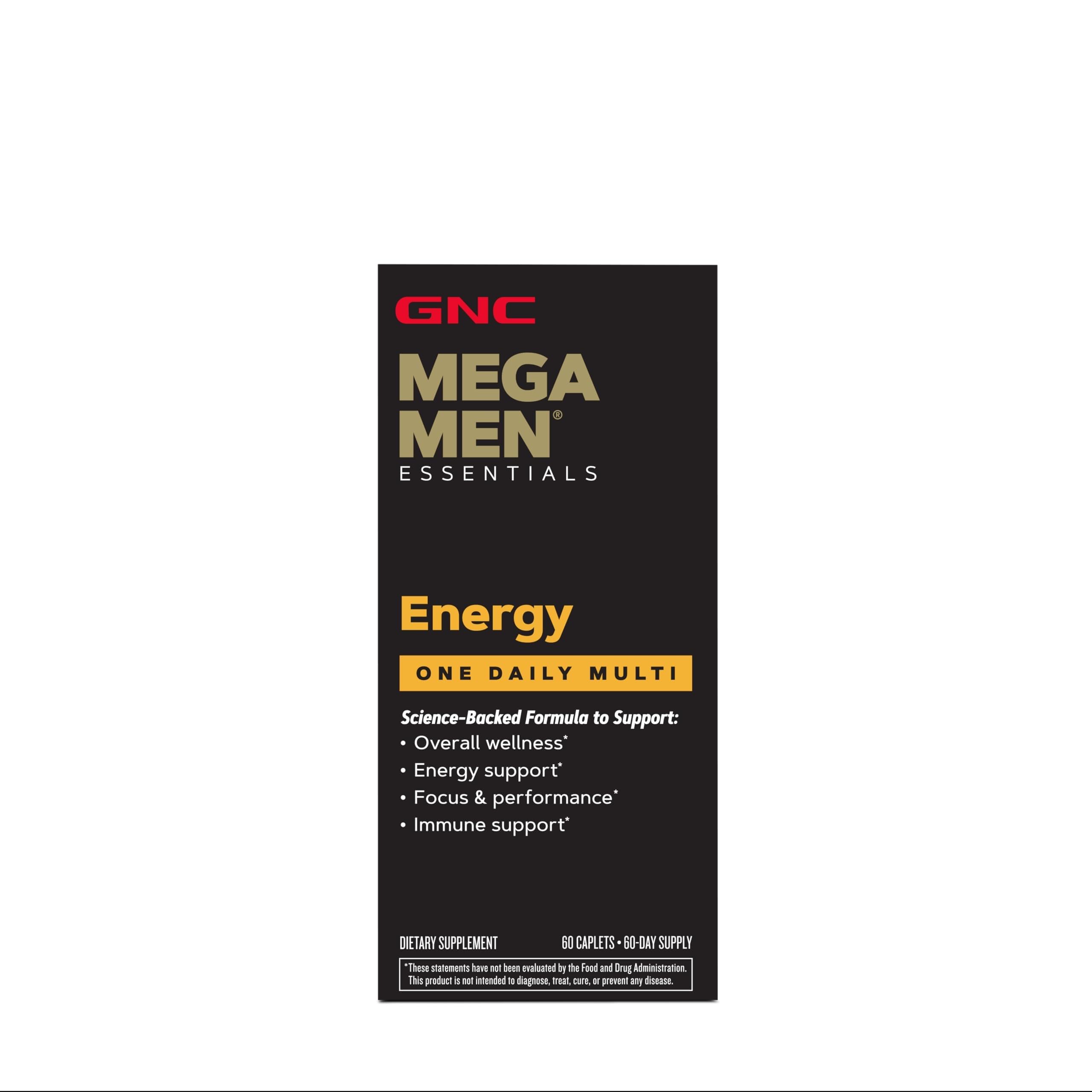 GNC Mega Men multivitamin nutrition facts panel visible, signaling broad B vitamin coverage for energy production.