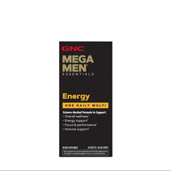 GNC Mega Men multivitamin nutrition facts panel visible, signaling broad B vitamin coverage for energy production.