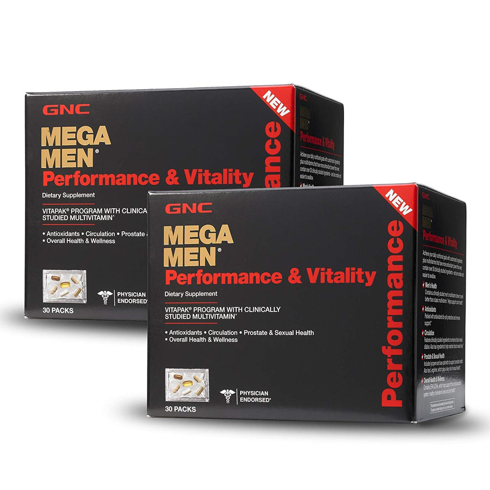 GNC Mega Men Performance Vitality 30 Packs bottle front for daily wellness.