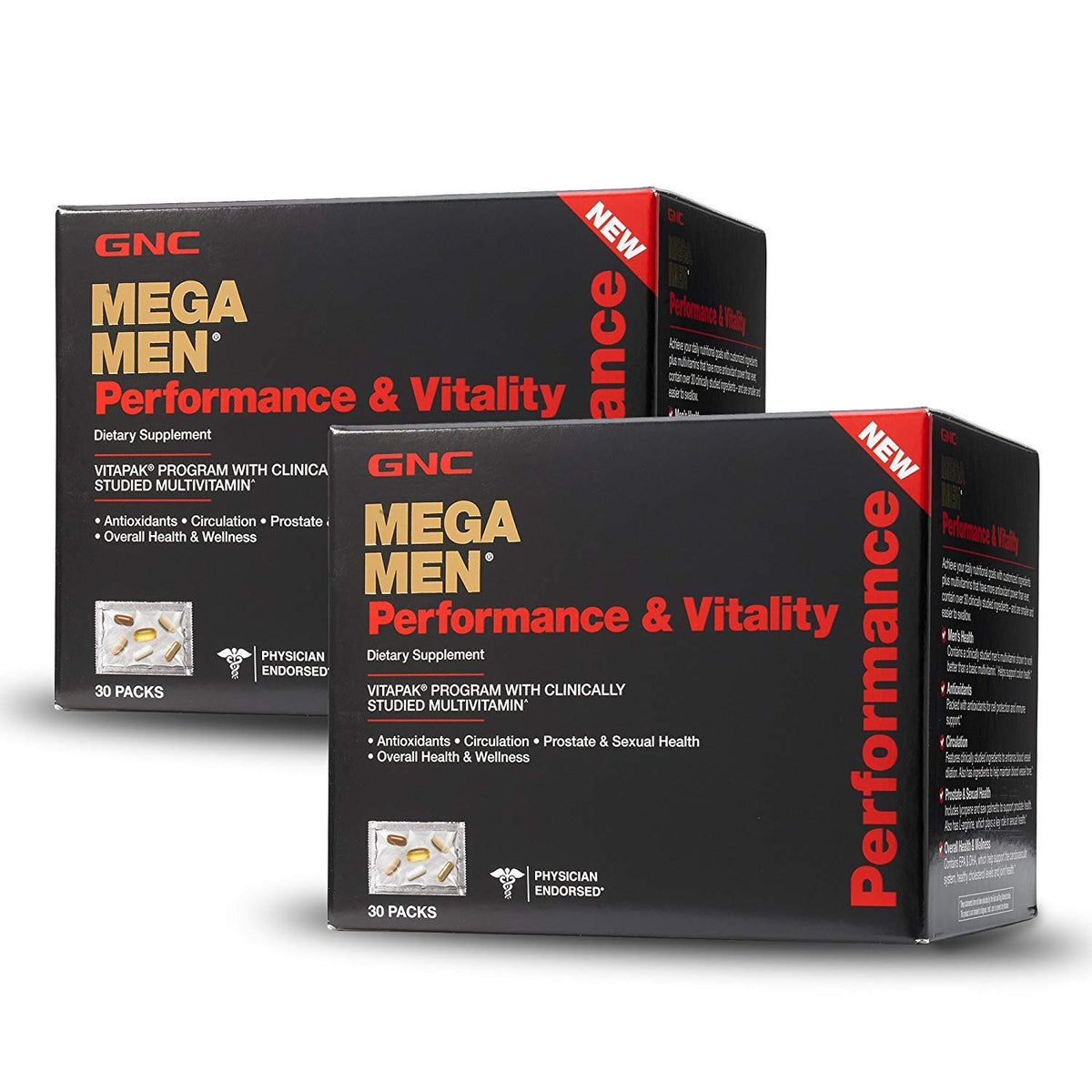 GNC Mega Men Performance Vitality 30 Packs bottle front for daily wellness.