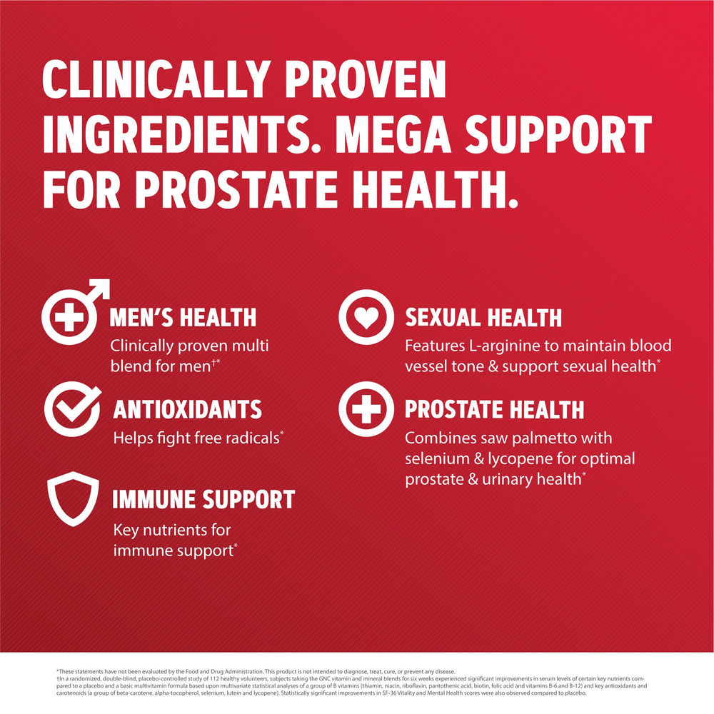 GNC Mega Men Prostate and Virility arginine herb blend visual emphasis.